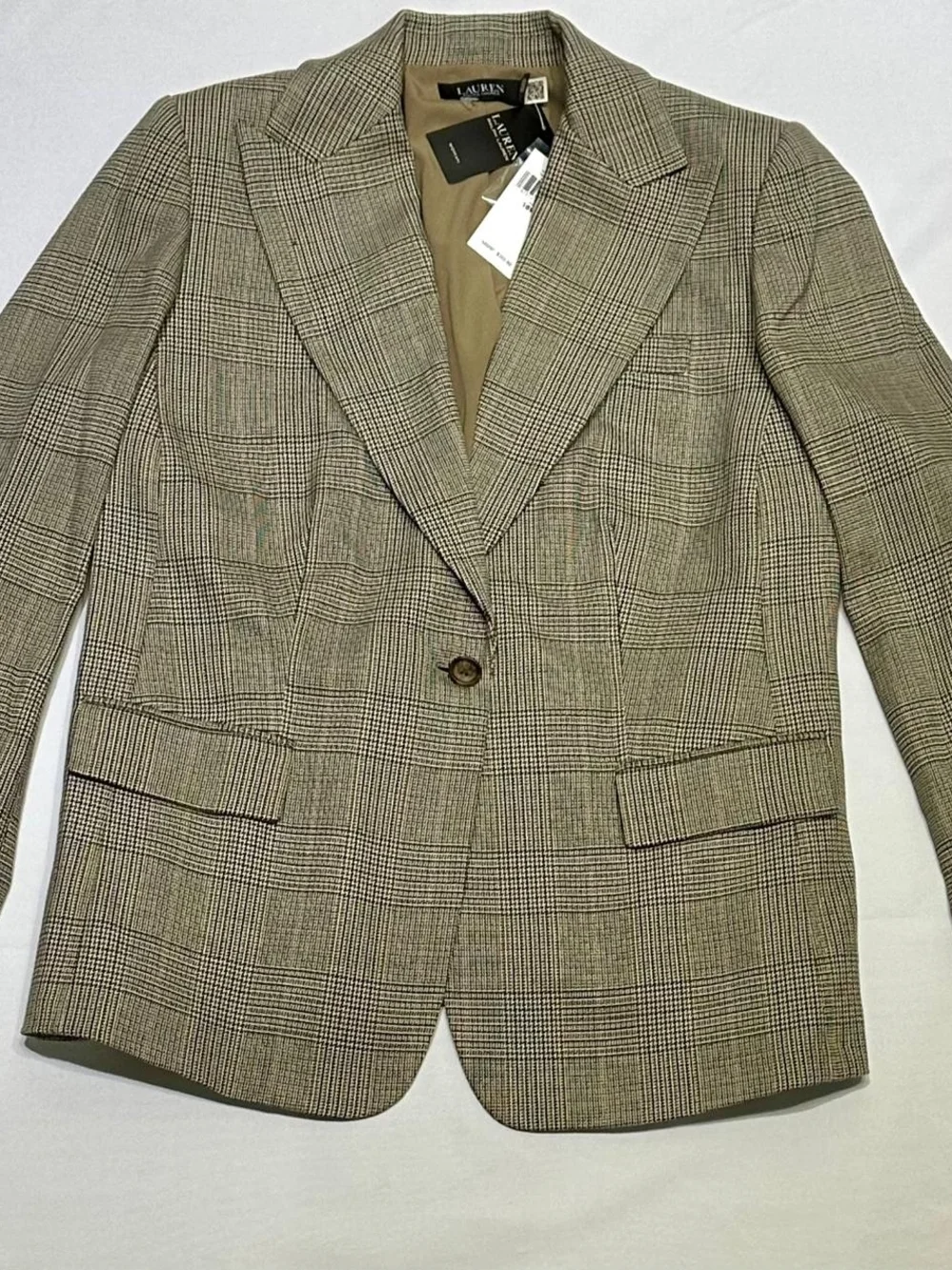 NWT Ralph Lauren Tan and Black Plaid Single-Button Blazer - Picture 2 of 11
